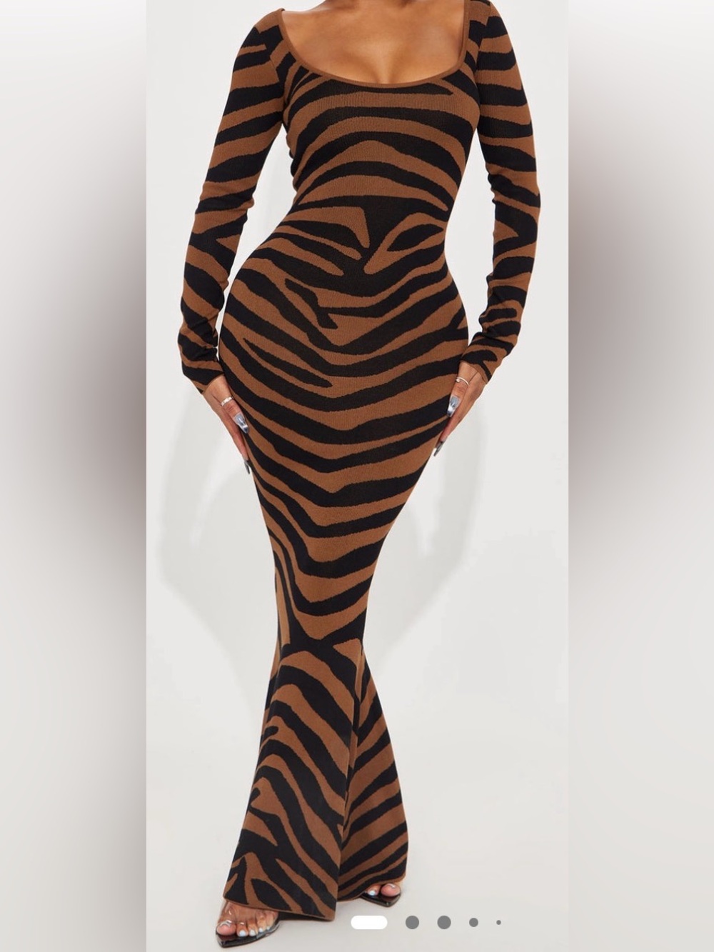 Fashion Nova Brown & Black Zebra-Print Long Sleeve Bodycon Maxi Dress